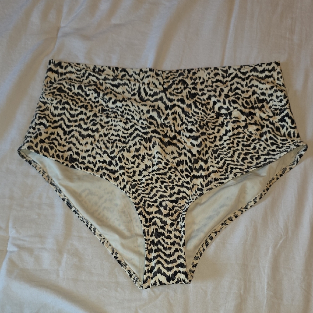 Aerie Black and Cream Animal Print High-Waisted Cross Over Bikini Bottom